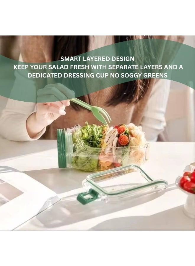 ARABIQO Side-Opening Salad Mason Jar – Leak-Proof Dressing Container with Integrated Lid & Bowl, Reusable Portable Lunch Box for Office, Picnic & Travel - Image 2